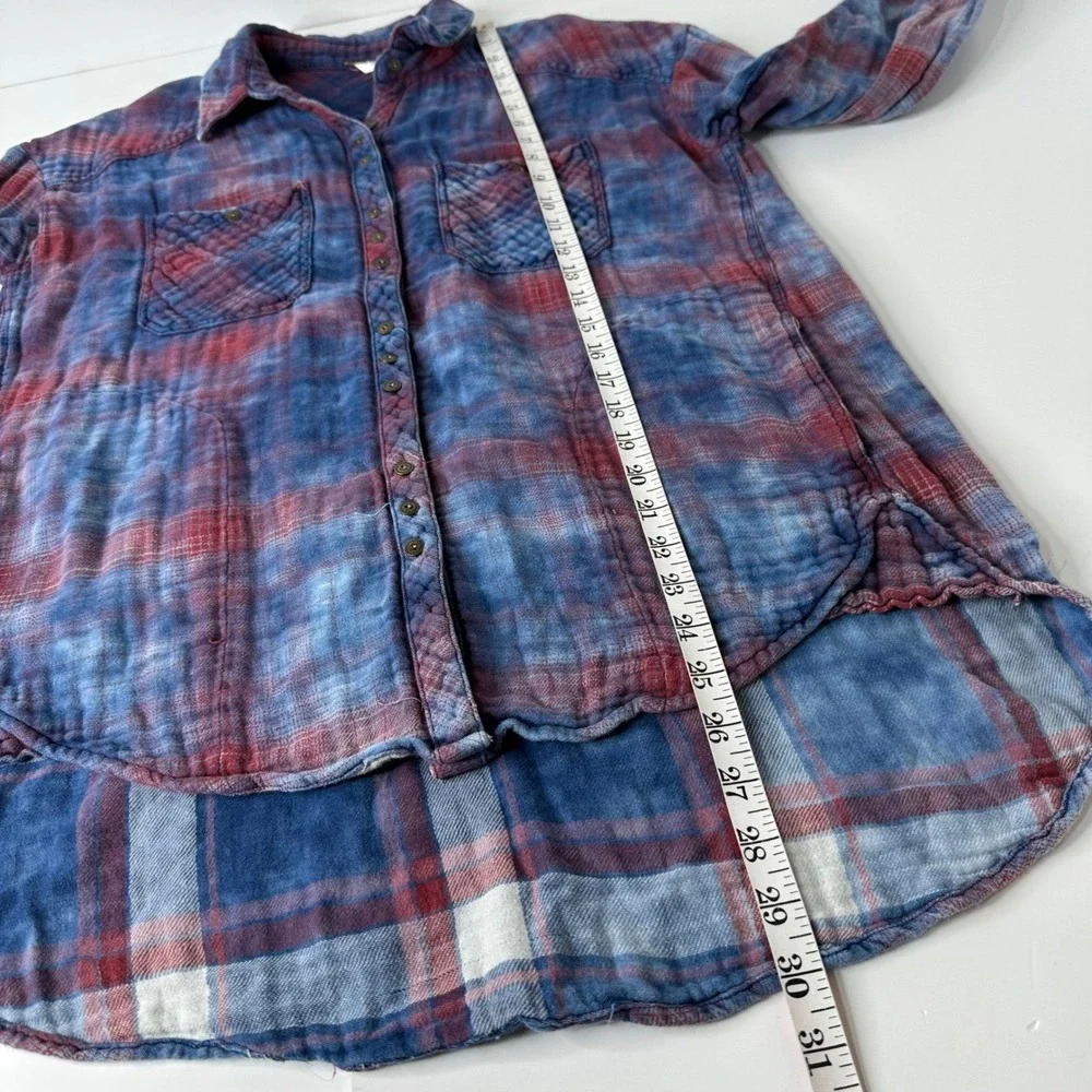 Free People Oversized Double Dip Plaid Shirt Blue Red‎ Button Up Gauzy Sz XS